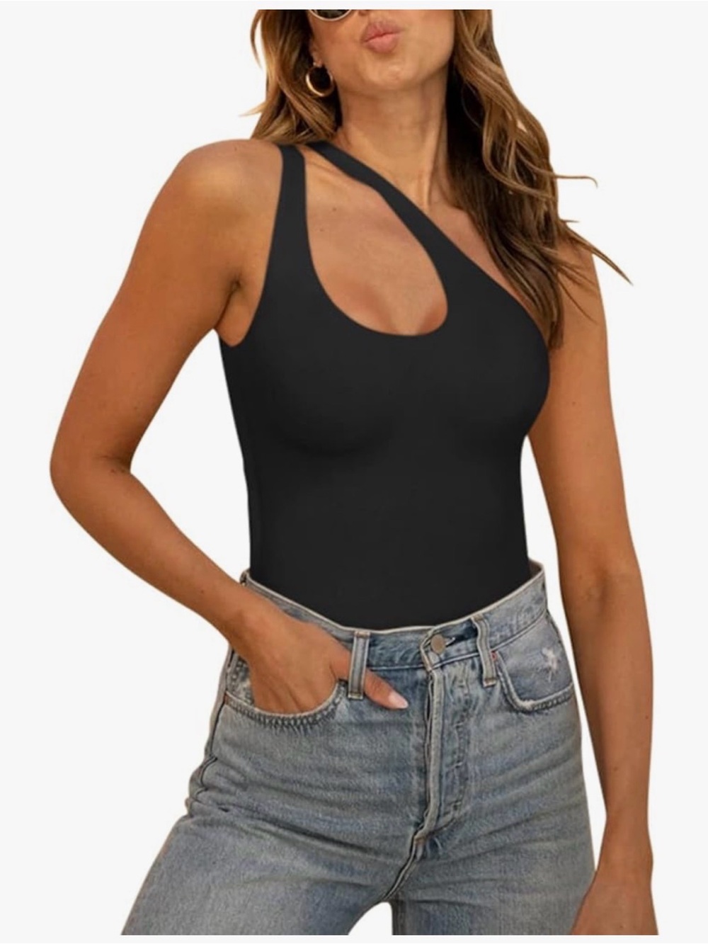 Women’s Black One-Shoulder Cutout Bodysuit